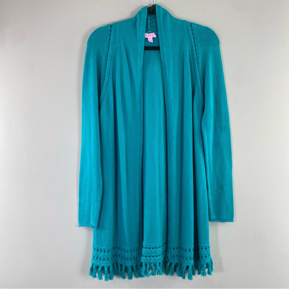 Lilly‎ Pulitzer Women’s Turquoise Fringe Open Front Longline Cardigan Sz M - Picture 2 of 13